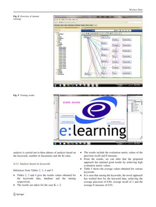 analysis is carried out in three phases of analysis based on
the keywords, number of documents and the K-value.
4.3.1 Analysis based on keywords
Inferences from Tables 2, 3, 4 and 5:
• Tables 2, 3 and 4 give the results values obtained for
the keywords data, database and the mining
respectively.
• The results are taken for the case K = 2.
• The results include the evaluation metric values of the
precision recall and F-measure.
• From the results, we can infer that the proposed
approach has attained good results by achieving high
evaluation metric values.
• Table 5 shows the average values obtained for various
keywords.
• It is seen that among the keywords, the novel approach
has worked best for the keyword data, achieving the
average precision of 0.84, average recall of 1 and the
average F-measure of 0.91.
Fig. 8 Overview of domain
ontology
Fig. 9 Training results
Wireless Netw
123
 