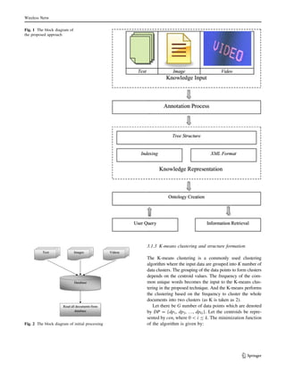 3.1.3 K-means clustering and structure formation
The K-means clustering is a commonly used clustering
algorithm where the input data are grouped into K number of
data clusters. The grouping of the data points to form clusters
depends on the centroid values. The frequency of the com-
mon unique words becomes the input to the K-means clus-
tering in the proposed technique. And the K-means performs
the clustering based on the frequency to cluster the whole
documents into two clusters (as K is taken as 2).
Let there be G number of data points which are denoted
by DP = {dp1, dp2, …, dpG}. Let the centroids be repre-
sented by ceni where 0  i B k. The minimization function
of the algorithm is given by:
Fig. 1 The block diagram of
the proposed approach
Fig. 2 The block diagram of initial processing
Wireless Netw
123
 
