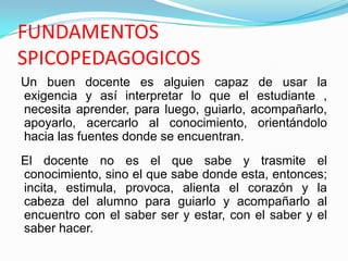FUNDAMENTOS
SPICOPEDAGOGICOS
Un buen docente es alguien capaz de usar la
exigencia y así interpretar lo que el estudiante ,
necesita aprender, para luego, guiarlo, acompañarlo,
apoyarlo, acercarlo al conocimiento, orientándolo
hacia las fuentes donde se encuentran.
El docente no es el que sabe y trasmite el
conocimiento, sino el que sabe donde esta, entonces;
incita, estimula, provoca, alienta el corazón y la
cabeza del alumno para guiarlo y acompañarlo al
encuentro con el saber ser y estar, con el saber y el
saber hacer.
 