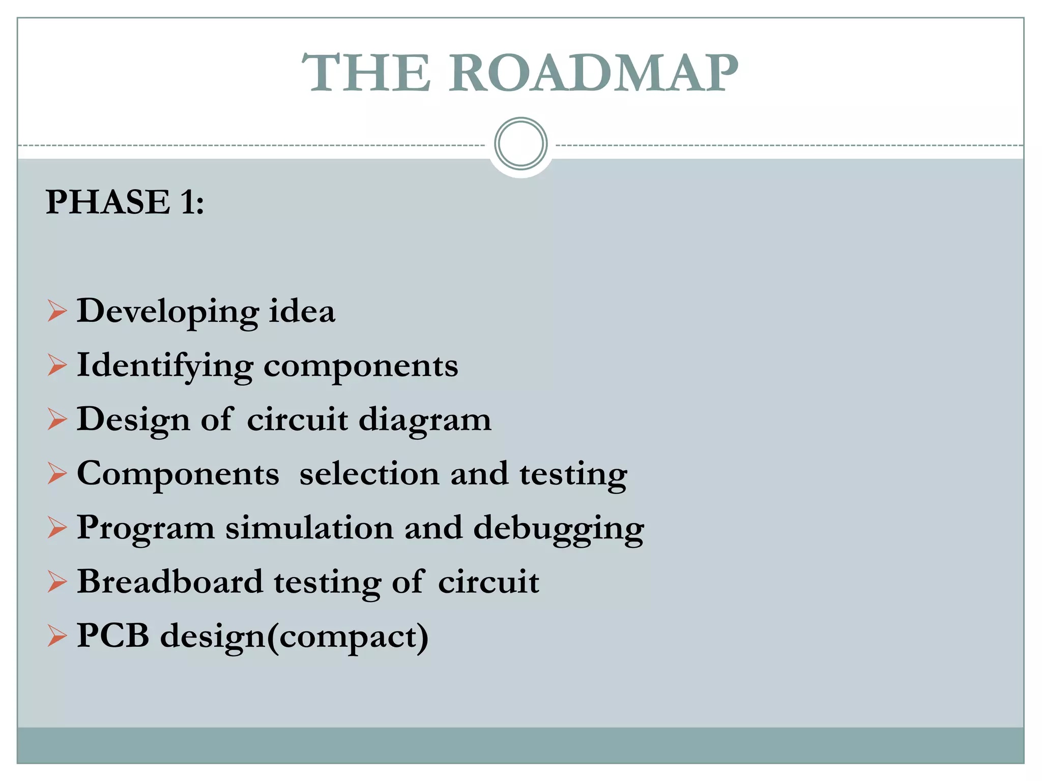 THE ROADMAP

PHASE 1:

 Developing idea
 Identifying components
 Design of circuit diagram
 Components selection and testing
 Program simulation and debugging
 Breadboard testing of circuit
 PCB design(compact)
 
