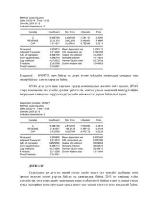 Method: Least Squares
Date: 03/20/14 Time: 11:55
Sample: 2009 2013
Included observations: 5
Variable Coefficient Std. Error t-Statistic Prob.
C -4.86E+09 3.90E+09 -1.247151 0.3386
REVENUE 2210.175 2612.559 0.845981 0.4866
CAP 1.931631 0.286931 6.732045 0.0214
R-squared 0.959713 Mean dependent var 1.03E+10
Adjusted R-squared 0.919426 S.D. dependent var 3.16E+09
S.E. of regression 8.97E+08 Akaike info criterion 44.35087
Sum squared resid 1.61E+18 Schwarz criterion 44.11654
Log likelihood -107.8772 Hannan-Quinn criter. 43.72193
F-statistic 23.82190 Durbin-Watson stat 1.544603
Prob(F-statistic) 0.040287
R-squared 0.959713 гарч байгаа нь дээрх хүчин зүйлсийн хоорондын хамаарал маш
өндөр байгааг илтгэн харуулж байна.
ОУХБ дээр үнэт цаас гаргасан түүвэр компаниудын жилийн нийт орлого, ОУХБ
дээрх компанийн зах зээийн дундаж үнэлгээ ба монгол улсын мөнгөний нийлүүлэлтийн
хоорондын хамаарлыг харуулсан регрессийн шинжилгээг дараах байдалтай гарав.
Dependent Variable: MONEY
Method: Least Squares
Date: 03/20/14 Time: 11:58
Sample: 2009 2013
Included observations: 5
Variable Coefficient Std. Error t-Statistic Prob.
C -3.08E+08 2.81E+08 -1.094843 0.3878
REVENUE 91.64697 188.5133 0.486157 0.6749
CAP 0.132728 0.020704 6.410772 0.0235
R-squared 0.956809 Mean dependent var 6.67E+08
Adjusted R-squared 0.913618 S.D. dependent var 2.20E+08
S.E. of regression 64729392 Akaike info criterion 39.09304
Sum squared resid 8.38E+15 Schwarz criterion 38.85870
Log likelihood -94.73260 Hannan-Quinn criter. 38.46410
F-statistic 22.15290 Durbin-Watson stat 1.511994
Prob(F-statistic) 0.043191
ДҮГНЭЛТ
Судалгааны үр дүнгээс манай улсын эдийн засагт уул уурхайн салбараас олох
орлого ихээхэн нөлөө үзүүлж байгаа нь ажиглагдаж байна. 2013 он гарснаас хойш
дэлхийн зах зээл дээрх ашигт малтмалын ханш хэлбэлзэлтэй байгаа хэдий ч, манай улсын
хувьд экспортын түнш орнуудын хувьд ашигт малтмалын хэрэглээ өсөх хандлагай байна.
 