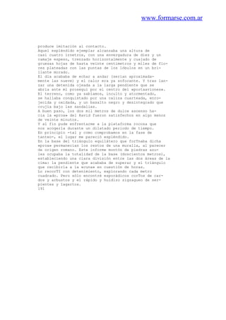 www.formarse.com.ar
produce imitación al contacto.
Aquel espléndido ejemplar alcanzaba una altura de
casi cuatro irnetros, con una envergadura de diez y un
ramaje espeso, trenzado horizontalmente y cuajado de
gruesas hojas de hasta veinte centímetros y miles de flo-
res plateadas con las puntas de los lóbulos en un bri-
llante morado.
El día acababa de echar a andar (serían aproximada-
mente las nueve) y el calor era ya sofocante. Y tras lan-
zar una detenida ojeada a la larga pendiente que se
abria ante mí proseguí por el centro del «portaaviones».
El terreno, como ya sabíamos, inculto y atormentado,
se hallaba conquistado por una caliza cuarteada, enro-
jecida y oxidada, y un basalto negro y desintegrado que
crujía bajo las sandalias.
A buen paso, los dos mil metros de dulce ascenso ha-
cia la «proa» del Ravid fueron satisfechos en algo menos
de veinte minutos.
Y al fin pude enfrentarme a la plataforma rocosa que
nos acogerla durante un dilatado periodo de tiempo.
En principio -tal y como comprobamos en la fase de
tanteo-, el lugar me pareció espléndido.
En la base del triángulo equilátero que forTnaba dicha
«proa» permanecían los restos de una muralla, al parecer
de origen romano. Este informe montón de piedras azu-
les ocupaba la totalidad de la base (doscientos metros),
estableciendo una clara división entre las dos áreas de la
cima: la pendiente que acababa de superar y el triángulo
que recibirla a la «cuna» en cuestión de horas.
Lo recorTI con detenimiento, explorando cada metro
cuadrado. Pero sólo encontré esporádicos corTos de car-
dos y arbustos y el rápido y huidizo zigzagueo de ser-
pientes y lagartos.
191
 