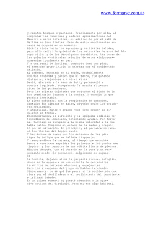 www.formarse.com.ar
y remotos bosques o pantanos. Precisamente por ello, al
comprobar las numerosas y audaces aproximaciones del
Maestro a estos infelices, mi admiración por el rabí de
Galilea no tuvo límites. Pero de estos emocionantes su-
cesos me ocuparé en su momento.
Alcé la vista hacia los agrestes y verticales taludes,
pero sólo recibí la quietud de los matorrales de ezov (el hi-
sopo sirio) y de los descolgados terebintos. Las bocas de
las galerías -habituales refugios de estos «inipuros»-
aparecían igualmente en paz.
Y a una señal de Santiago, compacto como una piña,
el temeroso grupo inició la carrera por el accidentado
callejón.
El Zebedeo, embozado en el ropón, probablemente
con más ansiedad y pánico que el resto, fue ganando
distancia, alejándose sin mirar atrás.
David, aferrado a la mano de Ruth, permaneció a
nuestra izquierda, acompasando la marcha al penoso
ritmo de los porteadores.
Pero las aristas calcáreas que surcaban el fondo de la
hoz terminarian jugando a la contra. Y sucedió lo que
parecía inevitable.
En pleno esfuerzo, con la respiración en desorden,
Santiago fue aipisar en falso, cayendo sobre los traido-
res repliegues.
Y angarillas, mujer y griego -por este orden- le si-
guieron en tropel.
Desconcertados, el sirviente y la «pequeña ardilla» re-
trocedieron de inmediato, intentando ayudar. Por fortu-
na, Santiago se recuperó a la misma velocidad a la que
había caído. Comprobó el estado de la madre y pregun-
tó por mi situación. En principio, el percance no reba-
só los límites del lógico susto.
Y haciéndome de nuevo con los extremos de las pér-
tigas le indiqué que me hallaba dispuesto.
Y reemprendimos la carrera, al tiempo que escuchá-
bamos a nuestr-as espaldas los primeros e indignados ame
(impuro) y los impactos de una súbita lluvia de piedras.
Minutos después, con el corazón en la boca y un ver-
gonzante miedo -lo reconozco- salpicando mi supues-
88
ta hombria, dejamos atrás la garganta rocosa, refugián-
donos en la espesura de una colonia de centenarios
terebintos de cortezas olorosas y espejeantes.
Pero los sinsabores del grupo no habían terminado.
Sinceramente, no sé qué fue peor: si la accidentada ca-
rTera por el desfiladero o el recibimiento del impaciente
e irTitado Zebedeo.
En un primer momento no presté atención a la agre-
siva actitud del discípulo. Para mí era algo habitual.
 