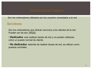 13 
ESTACIONES DE TRABAJO 
Son los ordenadores utilizados por los usuarios conectados a la red. 
Servidores 
Son los ordenadores que ofrecen servicios a los clientes de la red. 
Pueden ser de dos TIPOS: 
• Dedicados: solo realizan tareas de red y no pueden utilizarse 
como un puesto normal de cliente. 
• No dedicados: además de realizar tareas de red, se utilizan como 
puestos normales. 
 