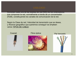 15 
CABLEADO 
Conectan cada una de las tarjetas de red (NIC) de los ordenadores 
que componen la red, normalmente a través de un concentrador 
(HUB), constituyendo los canales de comunicación de la red. 
Según la Clase de red, Velocidad de transmisión que se desea, 
y Alcance geográfico que queremos conseguir se emplean 
varios TIPOS DE CABLE: 
Coaxial: Fibra óptica: Par trenzado: 
 