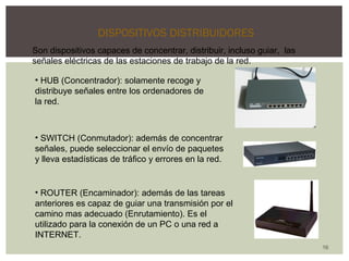 16 
DISPOSITIVOS DISTRIBUIDORES 
Son dispositivos capaces de concentrar, distribuir, incluso guiar, las 
señales eléctricas de las estaciones de trabajo de la red. 
• HUB (Concentrador): solamente recoge y 
distribuye señales entre los ordenadores de 
la red. 
• SWITCH (Conmutador): además de concentrar 
señales, puede seleccionar el envío de paquetes 
y lleva estadísticas de tráfico y errores en la red. 
• ROUTER (Encaminador): además de las tareas 
anteriores es capaz de guiar una transmisión por el 
camino mas adecuado (Enrutamiento). Es el 
utilizado para la conexión de un PC o una red a 
INTERNET. 
 