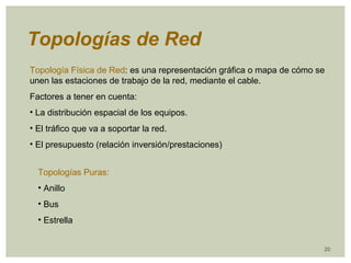 Topologías de Red 
Topología Física de Red: es una representación gráfica o mapa de cómo se 
unen las estaciones de trabajo de la red, mediante el cable. 
Factores a tener en cuenta: 
• La distribución espacial de los equipos. 
• El tráfico que va a soportar la red. 
• El presupuesto (relación inversión/prestaciones) 
20 
Topologías Puras: 
• Anillo 
• Bus 
• Estrella 
 