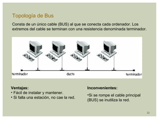 22 
Topología de Bus 
Consta de un único cable (BUS) al que se conecta cada ordenador. Los 
extremos del cable se terminan con una resistencia denominada terminador. 
Ventajas: 
• Fácil de instalar y mantener. 
• Si falla una estación, no cae la red. 
Inconvenientes: 
•Si se rompe el cable principal 
(BUS) se inutiliza la red. 
 