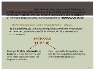 25 
Topología Lógica de Red: es la sistema de acceso y comunicación que se 
emplea para conectar las estaciones de la red. Para que dos estaciones se 
comuniquen necesitan entender el mismo idioma, por lo que se establece 
un Protocolo( reglas) estándar de comunicación: el PROTOCOLO TCP/IP 
TCP/IP (Transmission Control Protocol/Internet Protocol). 
Se trata del lenguaje que utiliza cualquier plataforma de ordenadores 
en Internet para enviar y recibir la información. Por eso se toma 
como estándar. 
PPRROOTTOOCCOOLLOO 
TTCCPP // IIPP 
Es el que divide la información en 
paquetes y el que las vuelve a unir 
en su orden adecuado cuando van 
llegando a su destino. 
Es el responsable de identificar cada 
uno de estos paquetes de información 
con su dirección apropiada. 
 