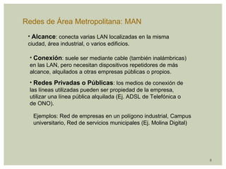 8 
Redes de Área Metropolitana: MAN 
• Alcance: conecta varias LAN localizadas en la misma 
ciudad, área industrial, o varios edificios. 
• Conexión: suele ser mediante cable (también inalámbricas) 
en las LAN, pero necesitan dispositivos repetidores de más 
alcance, alquilados a otras empresas públicas o propios. 
• Redes Privadas o Públicas: los medios de conexión de 
las líneas utilizadas pueden ser propiedad de la empresa, 
utilizar una línea pública alquilada (Ej. ADSL de Telefónica o 
de ONO). 
Ejemplos: Red de empresas en un polígono industrial, Campus 
universitario, Red de servicios municipales (Ej. Molina Digital) 
 