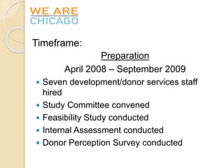 Timeframe: 
Preparation 
April 2008 – September 2009 
 Seven development/donor services staff 
hired 
 Study Committee convened 
 Feasibility Study conducted 
 Internal Assessment conducted 
 Donor Perception Survey conducted 
 