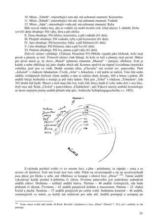 19 
10. Měsíc „Tebeth“, znázorňující zem atd. má ochranné znamení: Kozorožec. 
11. Měsíc „Šebath“, znázorňující vítr atd. má ochranné znamení: Vodnář. 
12. Měsíc „Adar“, znázorňující vodu atd. má ochranné znamení: Ryby. 
Bůh vyzval vládce tmy, aby se vzdálil, by mohl stvořiti svět. (Jiný názor). I. období: Doba 
setí (61 dnů) obsahuje: Půl váhy, štíra a půl střelce. 
II. Zima obsahuje: Půl střelce, kozorožce, a půl vodnáře (61 dnů). 
III. Předjaří obsahuje: Půl vodnáře, ryby a půl kozorožce (61 dnů). 
IV. Jaro obsahuje: Půl kozorožce, býka a půl blíženců (61 dnů). 
V. Léto obsahuje: Půl blíženců, raka a půl lva (61 dnů). 
VI. Podzim obsahuje: Půl lva, pannu a půl váhy (61 dnů). 
Židovští učenci vykládají: (Talmud, Pesachim 93) Obloha vypadá jako klobouk, kolo stojí 
pevně a planety se točí. Pohanští učenci však hlásají, že kolo se točí a planety stojí pevně. Důkaz 
pro první názor je, že slovo „Mazal“ (planeta) znamená „Maazal“ = putující, oběžnice. Svět je 
kulatý a nebe obkličuje jej jako slupka ořech atd. Kosmos spočívá na šupině Leviathana (mystická 
velryba), jenž jest ve vodě. Druhá zemská sféra „Charaba“ má rovněž tzv. panovníka. Třetí 
„Jabašah“ s vládcem Jabašaelem. Čtvrtá „Arka“ s Arkaelem, v níž peklo se nalézá. Toto čítá sedm 
oddílů, ovládaných čtyřiceti zlými anděly a tam se nalézá oheň, kroupy, štíři a hrnce s jedem. Zlí 
andělé bičují bezbožné a trestají je půl roku ledem. Pátá jest „Tebel“ s vládcem „Tobaelem“, kde 
365 druhů lidí bydlí. Mnozí z nich mají těla lvů, tváře lidí, hlavy hadů či volů, nebo dvě i více hlav, 
čtyři ruce atd. Šestá „Cheled“ s panovníkem „Chaldielem“, atd (Takové názory arabské kosmologie 
se skoro stejnými jmény andělů přináší můj spis: Arabische Schöpfungsgeschichte z r. 1902). 
Z východu pochází světlo (= ex oriente lux), z jihu - požehnání, ze západu – zima a ze 
severu zlí duchové. Svět má trvati šest tisíc roků. Peklo na severozápadě a ráj na severovýchodě 
jsou přece jen blízko u sebe, atd. Oběžnice se koupají v ohnivé řece „Dinur“ (36). Tamní andělé 
vykonávají každé poslání k dobrému či zlému. Prvnímu panovníku jest podrobeno sedmdesát 
andělů zdraví. Druhému – toliktéž andělů hněvu. Třetímu – 40 andělů zvěstujících, zda bude 
přebytek či úbytek. Čtvrtému – 42 andělů panujících králům a mocnostem. Pátému – 22 vládců 
hvězd a duchů. Šestému – 37 andělů putujících po celém světě. Sedmému konečně – 46 andělů, 
oznamujících ve snách, co každý má očekávati pro sebe atd. Andělé postupují a sestupují po 
(36) Tento názor uvádí také kniha Al-Kisái. Rovněž i představu o řece „Dinur“ (Daniel 7. 10.), jež i arabsky se tak 
jmenuje. 
 