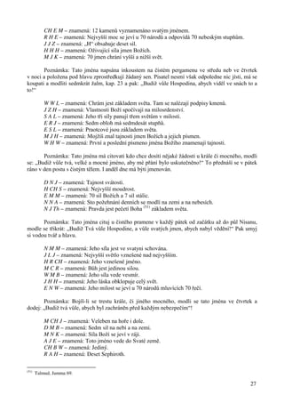 CH E M – znamená: 12 kamenů vyznamenáno svatým jménem. 
R H E – znamená: Nejvyšší moc se jeví u 70 národů a odpovídá 70 nebeským stupňům. 
J J Z – znamená: „H“ obsahuje deset sil. 
H H H – znamená: Oživující síla jmen Božích. 
M J K – znamená: 70 jmen chrání vyšší a nižší svět. 
Poznámka: Tato jména napsána inkoustem na čistém pergamenu ve středu neb ve čtvrtek 
v noci a položena pod hlavu zprostředkují žádaný sen. Pisatel nesmí však odpoledne nic jísti, má se 
koupati a modliti sedmkrát žalm, kap. 23 a pak: „Budiž vůle Hospodina, abych viděl ve snách to a 
to!“ 
W W L – znamená: Chrám jest základem světa. Tam se nalézají podpisy kmenů. 
J Z H – znamená: Vlastnosti Boží spočívají na milosrdenství. 
S A L – znamená: Jeho tři síly panují třem světům v milosti. 
E R J – znamená: Sedm obloh má sedmdesát stupňů. 
E S L – znamená: Praotcové jsou základem světa. 
M J H – znamená: Mojžíš znal tajnosti jmen Božích a jejich písmen. 
W H W – znamená: První a poslední písmeno jména Božího znamenají tajnosti. 
Poznámka: Tato jména má citovati kdo chce dosíti nějaké žádosti u krále či mocného, modli 
se: „Budiž vůle tvá, velké a mocné jméno, aby mé přání bylo uskutečněno!“ To přednáší se v pátek 
ráno v den postu s čistým tělem. I anděl dne má býti jmenován. 
D N J – znamená: Tajnost svátosti. 
H CH S – znamená: Nejvyšší moudrost. 
E M M – znamená: 70 sil Božích a 7 sil stálic. 
N N A – znamená: Sto požehnání denních se modlí na zemi a na nebesích. 
N J Th – znamená: Pravda jest pečetí Boha (51) základem světa. 
Poznámka: Tato jména cituj u čistého pramene v každý pátek od začátku až do půl Nisanu, 
modle se třikrát: „Budiž Tvá vůle Hospodine, a vůle svatých jmen, abych nabyl vědění!“ Pak umyj 
si vodou tvář a hlavu. 
N M M – znamená: Jeho síla jest ve svatyni schována. 
J L J – znamená: Nejvyšší světlo vznešené nad nejvyšším. 
H R CH – znamená: Jeho vznešené jméno. 
M C R – znamená: Bůh jest jedinou silou. 
W M B – znamená: Jeho síla vede vesmír. 
J H H – znamená: Jeho láska obklopuje celý svět. 
E N W – znamená: Jeho milost se jeví u 70 národů mluvících 70 řečí. 
Poznámka: Bojíš-li se trestu krále, či jiného mocného, modli se tato jména ve čtvrtek a 
27 
dodej: „Budiž tvá vůle, abych byl zachráněn před každým nebezpečím“! 
M CH J – znamená: Veleben na hoře i dole. 
D M B – znamená: Sedm sil na nebi a na zemi. 
M N K – znamená: Síla Boží se jeví v ráji. 
A J E – znamená: Toto jméno vede do Svaté země. 
CH B W – znamená: Jediný. 
R A H – znamená: Deset Sephiroth. 
(51) Talmud, Jumma 69. 
 