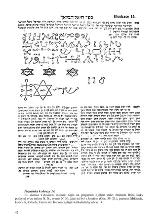 42 
Poznámka k obrazu 14. 
III. Kamea k dosažení milosti: napiš na pergamen z jelení kůže: Jménem Boha lásky 
poskytuj svou milost N. N., synovi N. N., jako jsi byl s Josefem (Gen. 39. 21.), jménem Mikhaela, 
Gabriela, Rafaela, Uriela atd. Ke konci přijde kabbalistický obraz 14. 
 