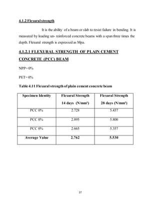 17
4.1.2 Flexuralstrength
It is the ability of a beam or slab to resist failure in bending. It is
measured by loading un- reinforced concrete beams with a span three times the
depth. Flexural strength is expressed as Mpa.
4.1.2.1 FLEXURAL STRENGTH OF PLAIN CEMENT
CONCRETE (PCC) BEAM
NPP= 0%
PET= 0%
Table 4.11 Flexural strength of plain cement concrete beam
Specimen Identity Flexural Strength
14 days (N/mm²)
Flexural Strength
28 days (N/mm²)
PCC 0% 2.728 5.437
PCC 0% 2.895 5.800
PCC 0% 2.665 5.357
Average Value 2.762 5.530
 