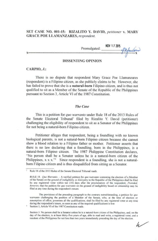 J. carpio   dissenting - set case 001-15 -david v poe-lamanzares