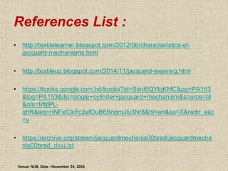 References List :
• http://textilelearner.blogspot.com/2012/06/characteristics-of-
jacquard-mechanisms.html
• http://textileup.blogspot.com/2014/11/jacquard-weaving.html
• https://books.google.com.bd/books?id=SshI5QYlgKMC&pg=PA153
&lpg=PA153&dq=single+cylinder+jacquard+mechanism&source=bl
&ots=MtjtPL-
qhR&sig=nNFxlCkFc2efOuB6SnpmJIy3Nr8&hl=en&sa=X&redir_esc
=y
• https://archive.org/stream/jacquardmechanis00brad/jacquardmecha
nis00brad_djvu.txt
Venue: NUB, Date : November 24, 2016
 