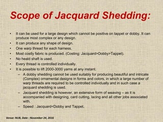 Scope of Jacquard Shedding:
• It can be used for a large design which cannot be positive on tappet or dobby. It can
produce most complex or any design.
• It can produce any shape of design.
• One warp thread for each harness.
• Most costly fabric is produced. (Costing: Jacquard>Dobby>Tappet).
• No heald shaft is used.
• Every thread is controlled individually.
• It is possible to lift 2000-3000 yarns at any instant.
– A dobby shedding cannot be used suitably for producing beautiful and intricate
(Complex) ornamental designs in forms and colors, in which a large number of
warp threads are required to be controlled individually and in such case a
jacquard shedding is used.
– Jacquard shedding is however, an extensive form of weaving – as it is
accompanied with designing, card cutting, lacing and all other jobs associated
with.
– Speed : Jacquard<Dobby and Tappet.
Venue: NUB, Date : November 24, 2016
 