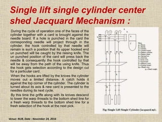 Single lift single cylinder center
shed Jacquard Mechanism :
During the cycle of operation one of the faces of the
cylinder together with a card is brought against the
needle board. If a hole is punched in the card the
corresponding needle will project through in the
cylinder. the hook controlled by that needle will
remain is such a position that its upper hooked end
un punched will be caught by the raising knife. The
un punched position of the card will press back the
needle & consequently the hook controlled by that
will be away from the path of the using knife. Thus
the hook gets selection according to the design cut
for a particular card.
When the hooks are lifted by the knives the cylinder
moves out a limited distance. A catch holds it
against the top corner of the cylinder. The cylinder is
turned about its axis & new card is presented to the
needles during its next cycle.
By this time the griffe along with its knives descend
to lower the warp threads to the bottom shed line for
a fresh warp threads to the bottom shed line for a
fresh selection of the hook at the next pick.
Venue: NUB, Date : November 24, 2016
 