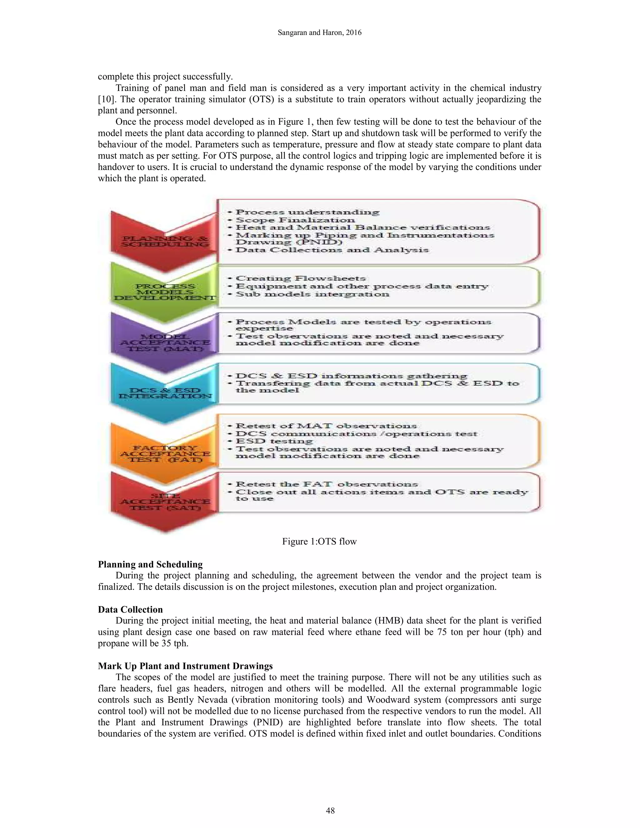 Sangaran and Haron, 2016
complete this project successfully.
Training of panel man and field man is considered as a very important activity in the chemical industry
[10]. The operator training simulator (OTS) is a substitute to train operators without actually jeopardizing the
plant and personnel.
Once the process model developed as in Figure 1, then few testing will be done to test the behaviour of the
model meets the plant data according to planned step. Start up and shutdown task will be performed to verify the
behaviour of the model. Parameters such as temperature, pressure and flow at steady state compare to plant data
must match as per setting. For OTS purpose, all the control logics and tripping logic are implemented before it is
handover to users. It is crucial to understand the dynamic response of the model by varying the conditions under
which the plant is operated.
Figure 1:OTS flow
Planning and Scheduling
During the project planning and scheduling, the agreement between the vendor and the project team is
finalized. The details discussion is on the project milestones, execution plan and project organization.
Data Collection
During the project initial meeting, the heat and material balance (HMB) data sheet for the plant is verified
using plant design case one based on raw material feed where ethane feed will be 75 ton per hour (tph) and
propane will be 35 tph.
Mark Up Plant and Instrument Drawings
The scopes of the model are justified to meet the training purpose. There will not be any utilities such as
flare headers, fuel gas headers, nitrogen and others will be modelled. All the external programmable logic
controls such as Bently Nevada (vibration monitoring tools) and Woodward system (compressors anti surge
control tool) will not be modelled due to no license purchased from the respective vendors to run the model. All
the Plant and Instrument Drawings (PNID) are highlighted before translate into flow sheets. The total
boundaries of the system are verified. OTS model is defined within fixed inlet and outlet boundaries. Conditions
48
 