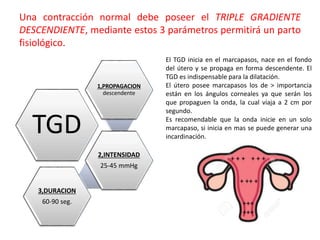 Una contracción normal debe poseer el TRIPLE GRADIENTE
DESCENDIENTE, mediante estos 3 parámetros permitirá un parto
fisiol...
