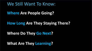 t
Where Are People Going?
How Long Are They Staying There?
Where Do They Go Next?
What Are They Learning?
We Still Want To Know:
 