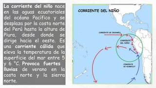 La corriente del niño nace
en las aguas ecuatoriales
del océano Pacífico y se
desplaza por la costa norte
del Perú hasta la altura de
Piura, desde donde se
dirige hacia el oeste. Es
una corriente cálida que
eleva la temperatura de la
superficie del mar entre 5
y 6 °C. Provoca fuertes
de verano en la
norte y la sierra
lluvias
costa
norte.
 
