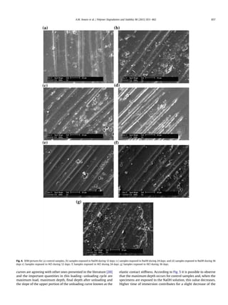 curves are agreeing with other ones presented in the literature [20]
and the important quantities in this loadingeunloading cycle are
maximum load, maximum depth, ﬁnal depth after unloading and
the slope of the upper portion of the unloading curve known as the
elastic contact stiffness. According to Fig. 5 it is possible to observe
that the maximum depth occurs for control samples and, when the
specimens are exposed to the NaOH solution, this value decreases.
Higher time of immersion contributes for a slight decrease of the
Fig. 4. SEM pictures for (a) control samples, (b) samples exposed to NaOH during 12 days; (c) samples exposed to NaOH during 24 days; and (d) samples exposed to NaOH during 36
days e) Samples exposed to HCl during 12 days; f) Samples exposed to HCl during 24 days; g) Samples exposed to HCl during 36 days.
A.M. Amaro et al. / Polymer Degradation and Stability 98 (2013) 853e862 857
 