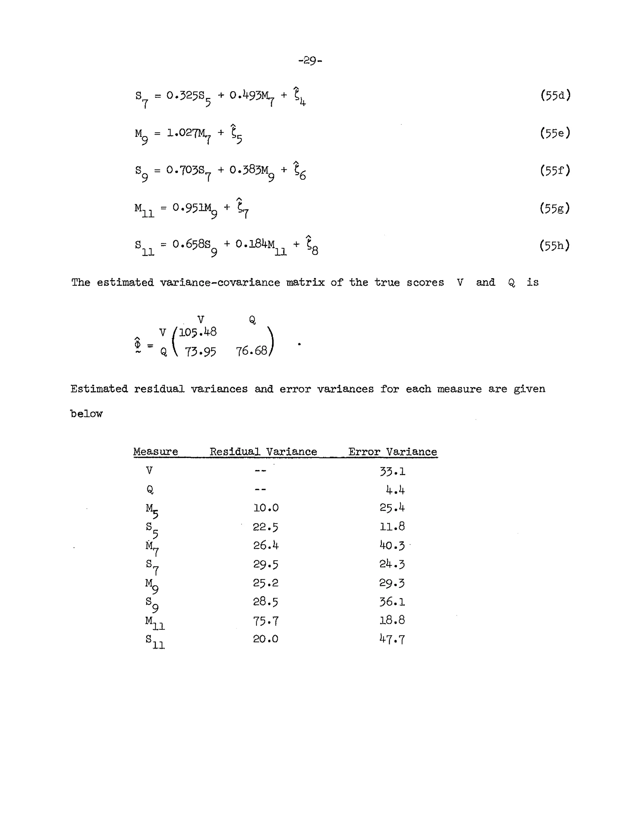 -29-
8
7
= 0.3258
5 + 0.493M7 + ~4
M
9
= 1.027M7 + ~5
(55d)
(55e)
(55f)
(55g)
(55h)
The estimated variance-covariance matrix of the true scores V and Q is
V
A V (105048
(l> = Q 73.95
Estimated residual variances and error variances for each measure are given
below
Measure
V
Q
M
5
8
5
M
7
8
7
M
9
8
9
M
l l
811
Residual Variance
10.0
22·5
26.4
29·5
25·2
28·5
75·7
20.0
Error Variance
}?l
4.4
25.4
11.8
40·3 .
24.3
29·3
36.1
18.8
47.7
 