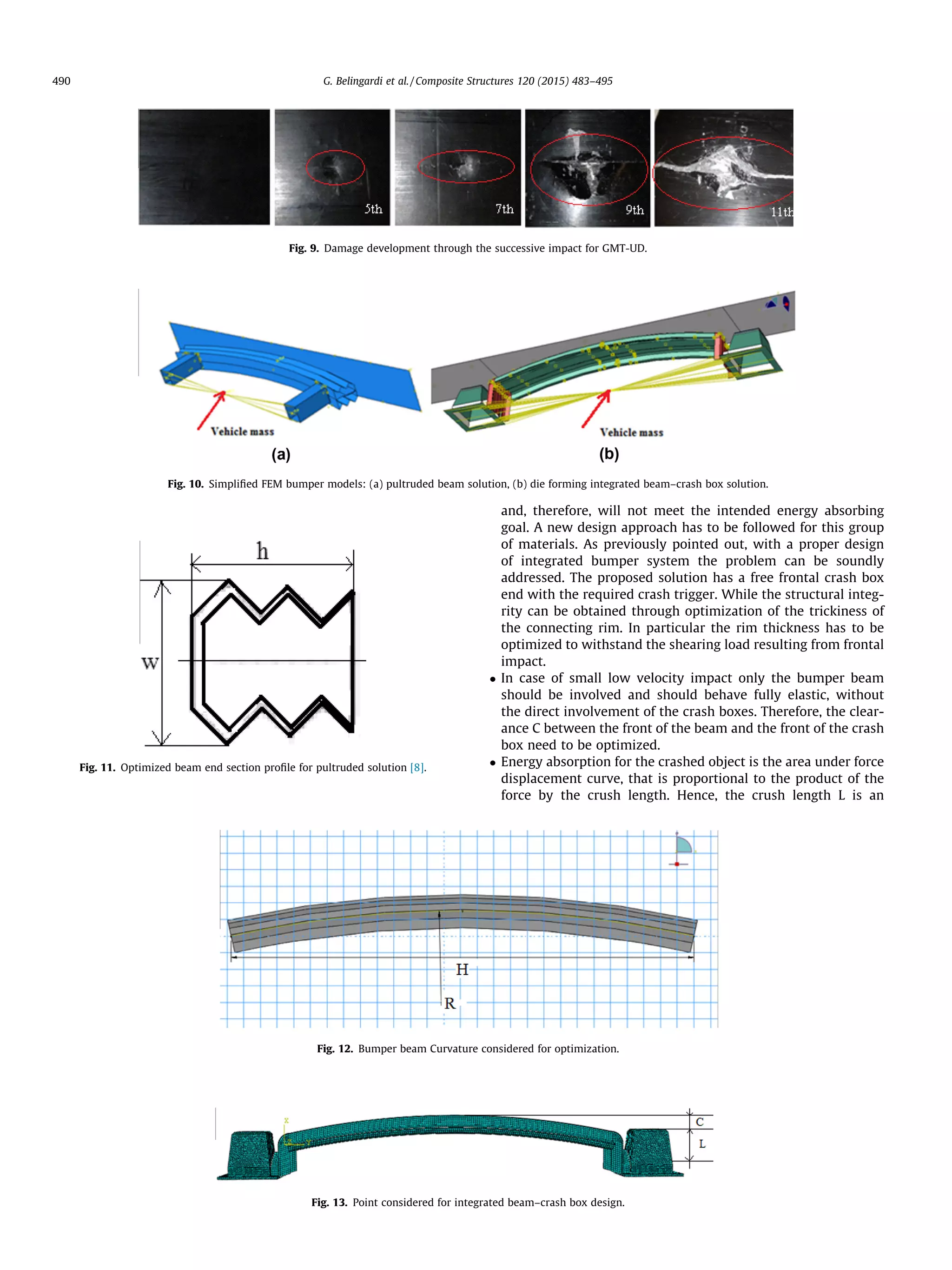 and, therefore, will not meet the intended energy absorbing
goal. A new design approach has to be followed for this group
of materials. As previously pointed out, with a proper design
of integrated bumper system the problem can be soundly
addressed. The proposed solution has a free frontal crash box
end with the required crash trigger. While the structural integ-
rity can be obtained through optimization of the trickiness of
the connecting rim. In particular the rim thickness has to be
optimized to withstand the shearing load resulting from frontal
impact.
 In case of small low velocity impact only the bumper beam
should be involved and should behave fully elastic, without
the direct involvement of the crash boxes. Therefore, the clear-
ance C between the front of the beam and the front of the crash
box need to be optimized.
 Energy absorption for the crashed object is the area under force
displacement curve, that is proportional to the product of the
force by the crush length. Hence, the crush length L is an
Fig. 9. Damage development through the successive impact for GMT-UD.
Fig. 10. Simpliﬁed FEM bumper models: (a) pultruded beam solution, (b) die forming integrated beam–crash box solution.
Fig. 11. Optimized beam end section proﬁle for pultruded solution [8].
Fig. 12. Bumper beam Curvature considered for optimization.
Fig. 13. Point considered for integrated beam–crash box design.
490 G. Belingardi et al. / Composite Structures 120 (2015) 483–495
 