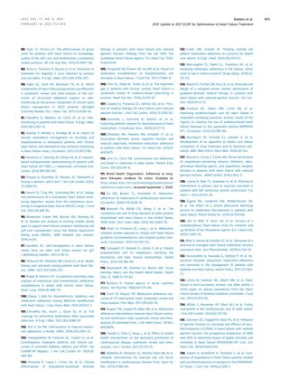 88. Slyer JT, Ferrara LR. The effectiveness of group
visits for patients with heart failure on knowledge,
quality of life, self-care, and readmissions: a systematic
review protocol. JBI Libr Syst Rev. 2012;10:4647–58.
89. Arora S, Thornton K, Murata G, et al. Outcomes of
treatment for hepatitis C virus infection by primary
care providers. N Engl J Med. 2011;364:2199–207.
90. Inglis SC, Clark RA, McAlister FA, et al. Which
components of heart failure programmes are effective?
A systematic review and meta-analysis of the out-
comes of structured telephone support or tele-
monitoring as the primary component of chronic heart
failure management in 8323 patients: Abridged
Cochrane Review. Eur J Heart Fail. 2011;13:1028–40.
91. Chaudhry SI, Mattera JA, Curtis JP, et al. Tele-
monitoring in patients with heart failure. N Engl J Med.
2010;363:2301–9.
92. Koehler F, Winkler S, Schieber M, et al. Impact of
remote telemedical management on mortality and
hospitalizations in ambulatory patients with chronic
heart failure: the telemedical interventional monitoring
in heart failure study. Circulation. 2011;123:1873–80.
93. Hindricks G, Taborsky M, Glikson M, et al. Implant-
based multiparameter telemonitoring of patients with
heart failure (IN-TIME): a randomised controlled trial.
Lancet. 2014;384:583–90.
94. Poppas A, Rumsfeld JS, Wessler JD. Telehealth is
having a moment: will it last? J Am Coll Cardiol. 2020;
75:2989–91.
95. Anand IS, Tang WH, Greenberg BH, et al. Design
and performance of a multisensor heart failure moni-
toring algorithm: results from the multisensor moni-
toring in congestive heart failure (MUSIC) study. J Card
Fail. 2012;18:289–95.
96. Masterson Creber RM, Maurer MS, Reading M,
et al. Review and analysis of existing mobile phone
apps to support heart failure symptom monitoring and
self-care management using the Mobile Application
Rating Scale (MARS). JMIR mHealth and uHealth.
2016;4:e74.
97. Gardetto NJ. Self-management in heart failure:
where have we been and where should we go?
J Multidiscip Healthc. 2011;4:39–51.
98. Peterson PN, Shetterly SM, Clarke CL, et al. Health
literacy and outcomes among patients with heart fail-
ure. JAMA. 2011;305:1695–701.
99. Riegel B, Dickson VV. A qualitative secondary data
analysis of intentional and unintentional medication
nonadherence in adults with chronic heart failure.
Heart Lung. 2016;45:468–74.
100. Zhang Y, Baik SH. Race/ethnicity, disability, and
medication adherence among Medicare beneﬁciaries
with heart failure. J Gen Intern Med. 2014;29:602–7.
101. Choudhry NK, Avorn J, Glynn RJ, et al. Full
coverage for preventive medications after myocardial
infarction. N Engl J Med. 2011;365:2088–97.
102. Kini V, Ho PM. Interventions to improve medica-
tion adherence: a review. JAMA. 2018;320:2461–73.
103. Vaduganathan M, Fonarow GC, Greene SJ, et al.
Contemporary treatment patterns and clinical out-
comes of comorbid diabetes mellitus and HFrEF: the
CHAMP-HF Registry. J Am Coll Cardiol HF. 2020;8:
469–80.
104. Khazanie P, Liang L, Curtis LH, et al. Clinical
effectiveness of hydralazine-isosorbide dinitrate
therapy in patients with heart failure and reduced
ejection fraction: ﬁndings from the Get With The
Guidelines-Heart Failure registry. Circ Heart Fail. 2016;
9:e002444.
105. Fitzgerald AA, Powers JD, Ho PM, et al. Impact of
medication nonadherence on hospitalizations and
mortality in heart failure. J Card Fail. 2011;17:664–9.
106. Chin KL, Skiba M, Tonkin A, et al. The treatment
gap in patients with chronic systolic heart failure: a
systematic review of evidence-based prescribing in
practice. Heart Fail Rev. 2016;21:675–97.
107. Greene SJ, Fonarow GC, DeVore AD, et al. Titra-
tion of medical therapy for heart failure with reduced
ejection fraction. J Am Coll Cardiol. 2019;73:2365–83.
108. Garavalia L, Garavalia B, Spertus JA, et al.
Exploring patients’ reasons for discontinuance of heart
medications. J Cardiovasc Nurs. 2009;24:371–9.
109. Dolansky MA, Hawkins MA, Schaefer JT, et al.
Association between poorer cognitive function and
reduced objectively monitored medication adherence
in patients with heart failure. Circ Heart Fail. 2016;9:
e002475.
110. Unni EJ, Farris KB. Unintentional non-adherence
and belief in medicines in older adults. Patient Educ
Couns. 2011;83:265–8.
111. World Health Organization. Adherence to long-
term therapies: evidence for action. Available at:
http://www.who.int/chp/knowledge/publications/
adherence_report/en/. Accessed September 1, 2020.
112. Ho PM, Bryson CL, Rumsfeld JS. Medication
adherence: its importance in cardiovascular outcomes.
Circulation. 2009;119:3028–35.
113. Masoudi FA, Baillie CA, Wang Y, et al. The
complexity and cost of drug regimens of older patients
hospitalized with heart failure in the United States,
1998-2001. Arch Intern Med. 2005;165:2069–76.
114. Allen LA, Fonarow GC, Liang L, et al. Medication
initiation burden required to comply with heart failure
guideline recommendations and hospital quality mea-
sures. Circulation. 2015;132:1347–53.
115. Fumagalli LP, Radaelli G, Lettieri E, et al. Patient
empowerment and its neighbours: clarifying the
boundaries and their mutual relationships. Health
Policy. 2015;119:384–94.
116. Rosenstock IM, Strecher VJ, Becker MH. Social
learning theory and the Health Belief Model. Health
Educ Q. 1988;15:175–83.
117. Bandura A. Human agency in social cognitive
theory. Am Psychol. 1989;44:1175–84.
118. Conn VS, Ruppar TM. Medication adherence out-
comes of 771 intervention trials: Systematic review and
meta-analysis. Prev Med. 2017;99:269–76.
119. Ruppar TM, Cooper PS, Mehr DR, et al. Medication
adherence interventions improve heart failure mortal-
ity and readmission rates: systematic review and meta-
analysis of controlled trials. J Am Heart Assoc. 2016;5:
e002606.
120. Gandhi S, Chen S, Hong L, et al. Effect of mobile
health interventions on the secondary prevention of
cardiovascular disease: systematic review and meta-
analysis. Can J Cardiol. 2017;33:219–31.
121. Maddison R, Rawstorn JC, Shariful Islam SM, et al.
mHealth interventions for exercise and risk factor
modiﬁcation in cardiovascular disease. Exerc Sport Sci
Rev. 2019;47:86–90.
122. Cutler DM, Everett W. Thinking outside the
pillbox—medication adherence as a priority for health
care reform. N Engl J Med. 2010;362:1553–5.
123. MacLaughlin EJ, Raehl CL, Treadway AK, et al.
Assessing medication adherence in the elderly: which
tools to use in clinical practice? Drugs Aging. 2005;22:
231–55.
124. Blood AJ, Fischer CM, Fera LE, et al. Rationale and
design of a navigator-driven remote optimization of
guideline-directed medical therapy in patients with
heart failure with reduced ejection fraction. Clin Car-
diol. 2020;43:4–13.
125. Fonarow GC, Albert NM, Curtis AB, et al.
Improving evidence-based care for heart failure in
outpatient cardiology practices: primary results of the
registry to improve the use of evidence-based heart
failure therapies in the outpatient setting (IMPROVE
HF). Circulation. 2010;122:585–96.
126. Wurmbach VS, Schmidt SJ, Lampert A, et al.
Development of an algorithm to detect and reduce
complexity of drug treatment and its technical real-
isation. BMC Med Inform Decis Mak. 2020;20:154.
127. Driscoll A, Currey J, Tonkin AM. Nurse-led titration
of angiotensin-converting enzyme inhibitors, beta-
adrenergic blocking agents, and angiotensin receptor
blockers in patients with heart failure with reduced
ejection fraction. JAMA Cardiol. 2016;1:842–3.
128. Lowrie R, Mair FS, Greenlaw N, et al. Pharmacist
intervention in primary care to improve outcomes in
patients with left ventricular systolic dysfunction. Eur
Heart J. 2012;33:314–24.
129. Eggink RN, Lenderink AW, Widdershoven JW,
et al. The effect of a clinical pharmacist discharge
service on medication discrepancies in patients with
heart failure. Pharm World Sci. 2010;32:759–66.
130. Jain A, Mills P, Nunn LM, et al. Success of a
multidisciplinary heart failure clinic for initiation and
up-titration of key therapeutic agents. Eur J Heart Fail.
2005;7:405–10.
131. Bhat S, Kansal M, Kondos GT, et al. Outcomes of a
pharmacist-managed heart failure medication titration
assistance clinic. Ann Pharmacother. 2018;52:724–32.
132. Gourzoulidis G, Kourlaba G, Stafylas P, et al. As-
sociation between copayment, medication adherence
and outcomes in the management of patients with
diabetes and heart failure. Health Policy. 2017;121:363–
77.
133. Colvin M, Sweitzer NK, Albert NM, et al. Heart
failure in non-Caucasians, women, and older adults: a
white paper on special populations from the Heart
Failure Society of America Guideline Committee. J Card
Fail. 2015;21:674–93.
134. Aﬁlalo J, Alexander KP, Mack MJ, et al. Frailty
assessment in the cardiovascular care of older adults.
J Am Coll Cardiol. 2014;63:747–62.
135. Solomon SD, Claggett B, Desai AS, et al. Inﬂuence
of ejection fraction on outcomes and efﬁcacy of sacu-
bitril/valsartan (LCZ696) in heart failure with reduced
ejection fraction: the prospective comparison of ARNI
with ACEI to determine impact of global mortality and
morbidity in heart failure (PARADIGM-HF) trial. Circ
Heart Fail. 2016;9:e002744.
136. Kaplan A, Streefkerk H, Thorburn C, et al. Com-
parison of angioedema in heart failure patients treated
with sacubitril/valsartan or enalapril in the PARADIGM-
HF Study. J Card Fail. 2016;22:S66–7.
J A C C V O L . 7 7 , N O . 6 , 2 0 2 1 Maddox et al.
F E B R U A R Y 1 6 , 2 0 2 1 : 7 7 2 – 8 1 0 2021 Update to 2017 ECDP for Optimization of Heart Failure Treatment
805
 