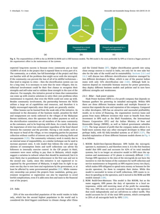 expected long-term success is because every community put at least
10,000 h of work in the project that it exposed them to every part of it.
The community, as a whole, has full knowledge of the project and they
are familiar with all the problems that might occur with the microgrid.
If the community can prevent the loss of all of its skillful technicians –
that tend to migrate to cities – then the electriﬁcation system can run
for a long time. It is necessary to note that for most villagers, this in-
tellectual involvement could be their ﬁrst chance to recognize their
strengths and self-value and to validate these strength in the eyes of the
observer. For example, this initiative proved at times that communities
can come up with creative solutions to solve their own problems when
maintenance is required, that even the NGOs could not come up with.
Besides community involvement, the partnership between the NGOs
utilizes a large set of capabilities and resources, and therefore it is
highly encouraged especially since their goals are generally similar.
Other lessons can be learned from the weak side of the initiative. As
mentioned in the discussion of the business model, penalties for theft
and nonpayment are rarely enforced in the villages of the Malaysian
Borneo rainforest, since the operators that collect payment as well as
the electriﬁcation committee are all members of the same community
as the customers, and to be forgiving with them. As a result, this shows
the importance of strict law enforcement regardless of the bond shared
between the customer and the provider. Having a role model, such as
the mayor or head of the village, or two competing parties for payment
collection without conﬂict of interest can help with reducing thefts and
non-payments [125]. The community voluntary work is mainly due to
an internal sense of responsibility, so a similar technique can be used to
increase payment rates. A role model that follows the roles and reg-
ulations of consumption limits and tariﬀ collections can advise his
followers to internally exercise control. In the CIP project in Haiti,
customers were more willing to pay than in Malaysia, which might
suggest a variation in cultural values that should be monitored, but it is
most likely due to punishment enforcement in the ﬁrst case and not in
the second one. Lastly, since this initiative is not registered or re-
cognized by the government of Malaysia, it might lose its right to op-
erate one day due to new laws and regulations by the government, or at
least be aﬀected by some governmental penalties [93]. While commu-
nity ownership can protect the projects from vandalism, getting gov-
ernment recognition or registration can also be important to avoid
lawful complications, even if it adds extra fees and taxes to the ﬁnancial
cost of the project.
2.6. India
25% of the non-electriﬁed population of the world resides in India
only, which has the second highest population in the world and is
considered the third biggest contributor to climate change after China
and the United States [87]. Higher electriﬁcation growth rate using
clean energy sources is crucial in India, not only for its own sake but
also for the sake of the world and its sustainability. Sections 2.6.1 and
2.6.2 will discuss two diﬀerent electriﬁcation initiatives managed by
two diﬀerent developers in Bihar, which is one of the poorest Indian
states with only 16% electriﬁcation rate [126]. Although both in-
itiatives depend on renewable biomass sources for power generation,
they deploy diﬀerent business models and policies and in turn have
diﬀerent strengths and weaknesses.
2.6.1. Bihar – husk power systems
Husk Power Systems (HPS) is a for-proﬁt company that depends on
biomass gasiﬁers for powering its installed microgrids. Within HPS
there are three diﬀerent business models and multiple ﬁnancial re-
sources that expands the size and reputation of the company. Compared
to other developers, HPS has an attractive and successful proﬁtability
model, so in terms of ﬁnancing, the organization receives loans and
grants from many diﬀerent investors that want to beneﬁt from their
investment in HPS such as the Shell Foundation, the International
Finance Corporation (IFC) and the Indian Ministry of New and
Renewable Energy (MNRE), as well as federal government subsidies
[127]. The large amount of proﬁt that the company makes allows it to
build more systems than any other microgrid developer in Bihar and
perhaps India, with 82 fully-installed systems as of 2013 [127]. The
detailed explanation of three diﬀerent business models shown in Fig. 6
is as follows:
1. BOOM: Build-Own-Operate-Maintain: HPS builds the microgrid,
operates it, maintains it, and therefore owns it. It is the ﬁrst business
model that HPS used and accounts for 62% of its total installed
systems, but is no longer an attractive model to HPS since the op-
eration and maintenance of 51 plants is extremely diﬃcult [128].
Foreign HPS operators in the sites of the microgrids do not have the
incentive to visit the homes of the customers for tariﬀ collection and
service maintenance as frequently as HPS requires (every two days),
which makes HPS obligated to spend extra money on bonuses for the
on-site operators, for them to complete their duties. While this
model is successful in terms of tariﬀ collections, HPS wants to re-
duce its spending on the operators, and it moved to the BOM and BM
models instead [128].
2. BOM: Build-Own-Maintain: This model is like BOOM, but as the
name suggests, HPS passes the duty of operation to a local en-
trepreneur, while still receiving most of the proﬁt for ownership.
This way, HPS does not need to provide bonuses for the operators
that work independently and are self-driven to collect tariﬀs. This
model accounts for 21 of the total HPS systems, which corresponds
to 25% of all microgrids built by HPS [129].
Fig. 6. The responsibilities of HPS in the (a) BOOM (b) BOM and (c) BM business models. The BM model is the most preferable by HPS as it leaves a bigger portion of
the organization's eﬀort in the maintenance of the systems.
F. Almeshqab, T.S. Ustun Renewable and Sustainable Energy Reviews 102 (2019) 35–53
44
 