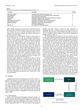 understandable communication between them and the government.
The government needs the academic help of research institutions
and, similarly, the work of research institutions needs to be re-
cognized and coordinated through the national government to
provide any feasible change.
– The integration of local development initiatives: from all three in-
itiatives discussed, we see that the community involvement is
needed to ensure long-term sustainability. Prodeem had the poten-
tial to be a successful project but it relied on imported equipment
rather than the national industry, and it did not account for main-
tenance issues. Without local skills and qualiﬁcation, the elec-
triﬁcation initiative can fail on the long-run. LfA, on the other hand,
showed potential in this regard for doing exactly the opposite of
what Prodeem has done. However, R&D teams should be aware of
the diﬃculties that come along training individuals from isolated
communities, since it is highly likely that they are illiterate and have
no initial knowledge on the subject. It might be beneﬁcial to have a
rural electriﬁcation agency or a special agent situated in these
communities, to note any development issues and to promote rural
electriﬁcation with decentralized generation [84].
– Precarious systems inclusion: it is important to note that various
rural communities in Brazil have precarious systems, that is: systems
based on diesel generation that are maintained by the community
itself and are not registered or recognized by the federal or state
government, since these services do not meet the basic requirements
of the electricity sector [85]. With the economic and institutional
support and participation of the electricity sector, these grass root
initiatives can be expanded and developed to, on the one hand,
electrify a larger portion of the country, and on the other hand,
ensure local communities participation and as stated earlier, a long-
term sustainability.
2.2. Bangladesh
Bangladesh has reached an electriﬁcation rate of 75% in 2018 [86].
However, the situation was much diﬀerent until recently, since more
than 2/3, or 67.5% of Bangladesh had no access to electricity as of 2008
[87]. Electriﬁcation solutions in the remaining third of the country
were often unreliable which results in a generally weak energy system.
The regions that have no access to electricity are isolated, and that
again raises the discussion of the need for decentralized microgrid so-
lutions versus the extension of the centralized grid. The most notable
rural electriﬁcation initiative in Bangladesh is the IDCOL program that
begun in 2002.
2.2.1. IDCOL program
IDCOL is the Infrastructure Development Company Limited, a ﬁ-
nancial institution that provides ﬁnancial support to renewable infra-
structure projects located in Bangladesh. IDCOL received help from the
World Bank to initiate the development of its project, as well as 16
partner organizations (POs) [88]. The main focus of this program is
installing solar home systems to beneﬁt the rural communities in
Bangladesh that have no feasible means of accessing electricity. Al-
though the program aimed to install 50,000 solar systems in its ﬁrst 6
years, it managed to almost double its goal with the installment of
93,600 systems by 2008 [89].
The partnership between IDCOL and the POs worked in the fol-
lowing manner: IDCOL provides the ﬁnancial needs of the installments
cost, training POs to operate and maintain the solar systems, specify the
technical requirements of these systems and publicize for the program.
The POs apply the training they have received and select the most
preferable areas in terms of demand, and take care of the installments
and maintenance of the systems. They also extend their training to
prepare local citizens with the needed qualiﬁcations that makes the
communities ready for its maintenance and ownership. Similar pro-
grams tend to select individuals that are less likely to migrate to cities
after they receive their training, such as a rural electriﬁcation initiative
in Tanzania that chose to train grandmothers in India, predicting their
return to their homeland to apply these skills [90]. Fig. 2 shows the
IDCOL business model and the interactions between IDCOL, interna-
tional organizations, partnership organizations and customers.
The implementation of the program had many successful factors but
also weak points. According to the responses of a survey to the citizens
of the rural communities that beneﬁted from this program, the majority
(90%) thought that the inclusion of the local communities in the pro-
cess of maintenance and ownership of the installed systems sig-
niﬁcantly reduced the maintenance costs long-term [91]. The avail-
ability of the knowledge of managing these systems eliminates the need
for reoccurring professional technician visits to the rural site. The re-
spondents placed higher importance on maintenance and monitoring
knowledge than on in-house technical instructions. Also, 40% of the
respondents suggested that the availability of power in their households
contributed to increasing their income either directly or indirectly [91].
Table 2
Grid extension alternatives for LfA electriﬁcation project in Brazil. [24].
Technology Description Projects
Hydrokinetic turbine 1 kW hydrokinetic turbine for community use 1
Micro hydropower 50 kW micro hydro from local Amazonian turbine manufacturer 2
Stirling motor 5 kW stirling motor with biomass 1
Steam turbine Production of electricity from waste wood in 200 kW steam turbine 2
Biodiesel Production of biodiesel from vegetable oil 3
Hybrid solar, wind and diesel Revitalizing a 2 kW diesel and two 10 kW wind turbines 1
Hybrid solar and wind Installation of 3.3 kWp PV with 1 kW wind turbine 1
Biomass gasiﬁcation Gasiﬁcation of Assai waste (Euterpe oleracea)
PV 19 kW PV for residential use 2
Vegetable oil Use of palm oil in 92 kW diesel motors 2
Fig. 2. IDCOL business model [84].
F. Almeshqab, T.S. Ustun Renewable and Sustainable Energy Reviews 102 (2019) 35–53
39
 