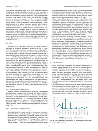 Other lessons to be learned relate to the use of ﬁnancial policies and
subsidies. The subsidies should be structured in a way that makes it
feasible for the poorest consumer to beneﬁt from the installed system
while still requiring the ﬁnancial contribution and collaboration of all
customers. Fiji is also not the only country that should shift to renew-
able energy, as it is more important now than ever to reduce the CO2
levels in the atmosphere and sustain our earth. Besides sustainability-
related reasons, the cost of transporting diesel continuously to a diesel-
based generator in an isolated community is costly, and it can even-
tually drain the national resources [101]. Countries that aim to im-
plement new initiatives for electriﬁcations in areas that do not have
access to electricity yet should work on creating a masterplan for
electriﬁcation using renewable energy power generation, and spend a
suﬃcient time in planning for a successful project that not only shows
immediate success, but one that has the capacity to support genera-
tions. This is not only for the beneﬁt of the people but also for the
beneﬁt of the governments and could potentially lift the heavy weight
on their economies.
2.4. Haiti
According to the latest World Bank data, only 37.9% of Haiti is
electriﬁed, an increase of less than 9% in 24 years, or 0.375% a year
[87]. This is considered relatively slow process and signiﬁcantly low
rate of electriﬁcation compared to the world's average of 85.3%. Given
that Haiti is one of the poorest countries in the world, with less than a
dollar for the average annual income per capita [102], electricity can
open doors for Haiti by creating opportunities to increase the national
income. The country has an electriﬁcation goal of 50% rate by 2020,
which requires new practices and initiatives that can accelerate the
current rate of access. The republic does not own one central grid but it
rather has 10 regional grids [103]. The national electriﬁcation utility in
Haiti is Electricité d′Haïti, or EDH, which is a government-owned body
that is responsible for 72% of the power generating capacity and 100%
of the transmitting, distributing and marketing of electricity [103]. No
other utility in Haiti has authorization to sell electricity to the citizens.
A few Independent Power Producers (IPPs) own the remaining 28% of
the power generation in a couple of the regional grids [104]. EDH
started as a private ﬁrm in 1971; however, 18 years later it was na-
tionalized by the government [105]. The electriﬁcation of the rural
communities in Haiti is also the responsibility of EDH, but as observed,
the execution is not promising. Only 35 communities have been elec-
triﬁed by EDH through microgrids in the past 30 years [106]. EDH does
not publicize the details of its projects either, which makes studying
them diﬃcult.
2.4.1. Electricité d′Haiti - EDH program
Multiple site visits have been made in 2012 by a United Nations
Foundation team to some towns in the Grande Anse (Pestel) and in the
Sud (Coteaux, Port-a-Piment, and Roche-a- Bateaux) states of Haiti to
measure the success of the electricity systems installed in 1994, 2008,
2009 and 1986, respectively [107]. All systems used diesel as the power
generation source and were found to be not functioning properly, with
high theft and loss rates, and acted as a barrier to the growth of the
Haitian economy. Some of the ﬁndings through these visits are listed in
detail [108]:
2.4.1.1. Development and implementation.
– According to the surveys and interviews, communities can request
their electriﬁcation needs through the mayor of the municipality,
who would get in touch with the department of rural electriﬁcation
through a letter with the request of the speciﬁed community. The
letter then goes to the Ministry of Planning and the Ministry of
Public Works. A technical team goes to the community to look over
the site and write a report on it that assesses the needs of the people
and the estimated budget through surveys. This report is sent back
to the mayor who now directly contacts the Ministry of Planning to
request funding. The ministry makes the ﬁnal decision on the
method of funding of the electriﬁcation project: bids from private
contractors or redirect the ﬁnancial requests to the EDH.
– The operation of the project's systems is the responsibility of the
municipality, either through an independent local committee or an
independent non-proﬁt organization, and the installation and
maintenance of these systems is the responsibility of the EDH. The
project is partially owned by the municipality, but not fully. The
municipality has ownership over the installed microgrid system and
the source of generation. The land of the microgrid, however, is not
owned by the municipality. The EDH labels the land as a public
utility and takes ownership over it, and their justiﬁcation behind
this is to lessen the chance of the mayor selling the land.
– Since the municipality technically owns these systems, it has to
cover the costs of operation, and there is no guarantee from the
government that it would send compensations to the municipality
for the operations of these systems. Since the documentation on the
projects are not publicized, it is hard to obtain accurate and reliable
information on the ﬁnancial operation of the projects. The inter-
viewed mayors and deputies suggested that the members of the
upper house of Parliament in Haiti ﬁnance the projects partially
from their “discretionary funds”, and community fundraising and
the contribution of the government pays for the rest of the costs
[109]. The distribution of the contributions is unknown. One of the
directors at EDH, however, provided diﬀerent answers. According to
him, the Ministry of Planning and the EDH itself cover the ﬁnancial
costs of the project's implementation and expansion [110].
2.4.1.2. Performance.
– During the site visits, data loggers were placed on the microgrids in
Coteaux and Port-a-Piment in the Sud state, to measure their per-
formance. The battery in these loggers were not monitored as fre-
quently as it had been necessary since they died for extended per-
iods a few times. Nevertheless, during the active logger periods,
which was about two-thirds of the year, the systems were only
functioning for 66 days Coteaux (28% of the time) and 28 days in
Port-a-Piment (10% of the time) [107]. The results are shown in
Figs. 3 and 4 for Port-a-Piment (Left) and Coteaux (Right). Even
when the systems were functioning, they operated for less time than
scheduled.
– The low connectivity is mainly due to the lack of ﬁnancial capability
of the operators. If the operators cannot aﬀord the cost of the fuel to
generate power, the systems naturally cannot operate. Similarly, if
any of the systems fail, and the operator does not have the necessary
funds to repair them or to provide spare parts, long periods of non-
functionality become inevitable. Only when the EDH decides to
Fig. 3. (Left). Data loggers’ measurements for Port-a-Piment microgrid func-
tionality throughout the year.
F. Almeshqab, T.S. Ustun Renewable and Sustainable Energy Reviews 102 (2019) 35–53
41
 