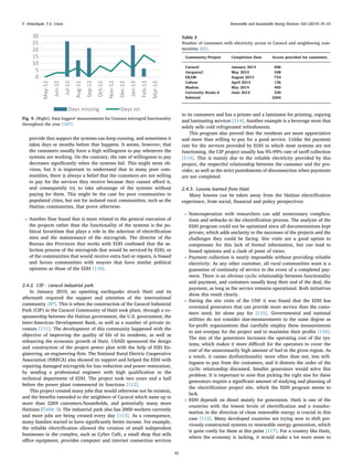 provide that support the systems can keep running, and sometimes it
takes days or months before that happens. It seems, however, that
the customers usually have a high willingness to pay whenever the
systems are working. On the contrary, the rate of willingness to pay
decreases signiﬁcantly when the systems fail. This might seem ob-
vious, but it is important to understand that in many poor com-
munities, there is always a belief that the customers are not willing
to pay for the services they receive because they cannot aﬀord it,
and consequently try to take advantage of the systems without
paying for them. This might be the case for poor communities in
populated cities, but not for isolated rural communities, such as the
Haitian communities, that prove otherwise.
– Another ﬂaw found that is more related to the general execution of
the projects rather than the functionality of the systems is the po-
litical favoritism that plays a role in the selection of electriﬁcation
sites and the maintenance of the microgrids. The director of the
Bureau des Provinces that works with EDH confessed that the se-
lection process of the microgrids that would be serviced by EDH, or
of the communities that would receive extra fuel or repairs, is biased
and favors communities with mayors that have similar political
opinions as those of the EDH [110].
2.4.2. CIP - caracol industrial park
In January 2010, an upsetting earthquake struck Haiti and its
aftermath required the support and attention of the international
community [87]. This is when the construction of the Caracol Industrial
Park (CIP) in the Caracol Community of Haiti took place, through a co-
sponsorship between the Haitian government, the U.S. government, the
Inter-American Development Bank, as well as a number of private in-
vestors [111]. The development of this community happened with the
objective of improving the quality of life of its residents, as well as
enhancing the economic growth of Haiti. USAID sponsored the design
and construction of the project power plan with the help of ESD En-
gineering, an engineering ﬁrm. The National Rural Electric Cooperative
Association (NRECA) also showed its support and helped the EDH with
repairing damaged microgrids for loss reduction and power restoration,
by sending a professional engineer with high qualiﬁcation to the
technical department of EDH. The project took two years and a half
before the power plant commenced its functions [112].
This project created many jobs that would otherwise not be existent,
and the beneﬁts extended to the neighbors of Caracol which sums up to
more than 2269 customers/households, and potentially many more
Haitians (Table 3). The industrial park also has 2000 workers currently
and more jobs are being created every day [113]. As a consequence,
many families started to have signiﬁcantly better income. For example,
the reliable electriﬁcation allowed the creation of small independent
businesses in the complex, such as Cyber Café, a small shop that sells
oﬃce equipment, provides computer and internet connection services
to its customers and has a printer and a laminator for printing, copying
and laminating services [114]. Another example is a beverage store that
solely sells cold refrigerated refreshments.
This program also proved that the residents are more appreciative
and more than willing to pay for a good service. Unlike the payment
rate for the services provided by EDH in which most systems are not
functioning, the CIP project usually has 95–99% rate of tariﬀ collection
[114]. This is mainly due to the reliable electricity provided by this
project, the respectful relationship between the customer and the pro-
vider, as well as the strict punishments of disconnection when payments
are not completed.
2.4.3. Lessons learned from Haiti
Many lessons can be taken away from the Haitian electriﬁcation
experience, from social, ﬁnancial and policy perspectives:
– Noncooperation with researchers can add unnecessary complica-
tions and setbacks to the electriﬁcation process. The analysis of the
EDH program could not be optimized since all documentations kept
private, which adds unclarity to the successes of the projects and the
challenges they could be facing. Site visits are a good option to
compensate for this lack of formal information, but can lead to
biased opinions and a clash of point of views.
– Payment collection is nearly impossible without providing reliable
electricity. As any other customer, all rural communities want is a
guarantee of continuity of service in the event of a completed pay-
ment. There is an obvious cyclic relationship between functionality
and payment, and customers usually keep their end of the deal, the
payment, as long as the service remains operational. Both initiatives
show this result clearly.
– During the site visits of the UNF it was found that the EDH has
oversized generators that can provide more service than the custo-
mers need, let alone pay for [115]. Governmental and national
utilities do not consider size-measurements to the same degree as
for-proﬁt organizations that carefully employ these measurements
to not overpay for the project and to maximize their proﬁts [116].
The size of the generators increases the operating cost of the sys-
tems, which makes it more diﬃcult for the operators to cover the
cost of the unnecessarily high amount of fuel in the given region. As
a result, it causes dysfunctionality more often than not, less will-
ingness to pay from the customers, and it distorts the order of the
cyclic relationship discussed. Smaller generators would solve this
problem. It is important to note that picking the right size for these
generators require a signiﬁcant amount of studying and planning of
the electriﬁcation project site, which the EDH program seems to
lack.
– EDH depends on diesel mainly for generation. Haiti is one of the
countries with the lowest levels of electriﬁcation and a transfor-
mation in the direction of clean renewable energy is crucial in this
case [112]. Many developed countries are trying now to shift pre-
viously-constructed systems to renewable energy generation, which
is quite costly for them at this point [117]. For a country like Haiti,
where the economy is lacking, it would make a lot more sense to
Fig. 4. (Right). Data loggers’ measurements for Coteaux microgrid functionality
throughout the year [107].
Table 3
Number of customers with electricity access in Caracol and neighboring com-
munities [62].
Community/Project Completion Date Access provided for customers
Caracol January 2013 696
Jacquezyl May 2013 348
EKAM August 2013 754
Cahess April 2014 136
Madras May 2014 405
University Route 6 June 2014 230
Subtotal 2269
F. Almeshqab, T.S. Ustun Renewable and Sustainable Energy Reviews 102 (2019) 35–53
42
 