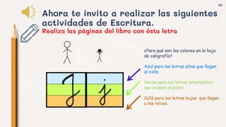 30
Ahora te invito a realizar las siguientes
actividades de Escritura.
Realiza las páginas del libro con ésta letra
¿Para qué son los colores en la hoja
de caligrafía?
Azul para las letras altas que llegan
al cielo.
Verde para las letras intermedias
que ocupan el pasto.
Café para las letras bajas que llegan
a las raíces.
 
