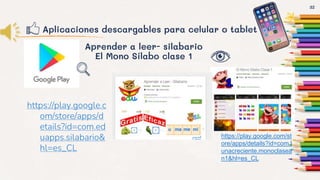 Aplicaciones descargables para celular o tablet
https://play.google.c
om/store/apps/d
etails?id=com.ed
uapps.silabario&
hl=es_CL
32
Aprender a leer- silabario
El Mono Sílabo clase 1
https://play.google.com/st
ore/apps/details?id=com.l
unacreciente.monoclasea
n1&hl=es_CL
 