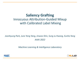 Saliency Grafting
Innocuous Attribution-Guided Mixup
with Calibrated Label Mixing
Joonhyung Park, June Yong Yang, Jinwoo Shin, Sung Ju Hwang, Eunho Yang
AAAI 2022
Machine Learning & Intelligence Laboratory
 