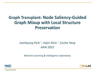 Graph Transplant: Node Saliency-Guided
Graph Mixup with Local Structure
Preservation
Joonhyung Park ∗, Hajin Shim ∗, Eunho Yang
AAAI 2022
Machine Learning & Intelligence Laboratory
∗
: Equal Contribution
 