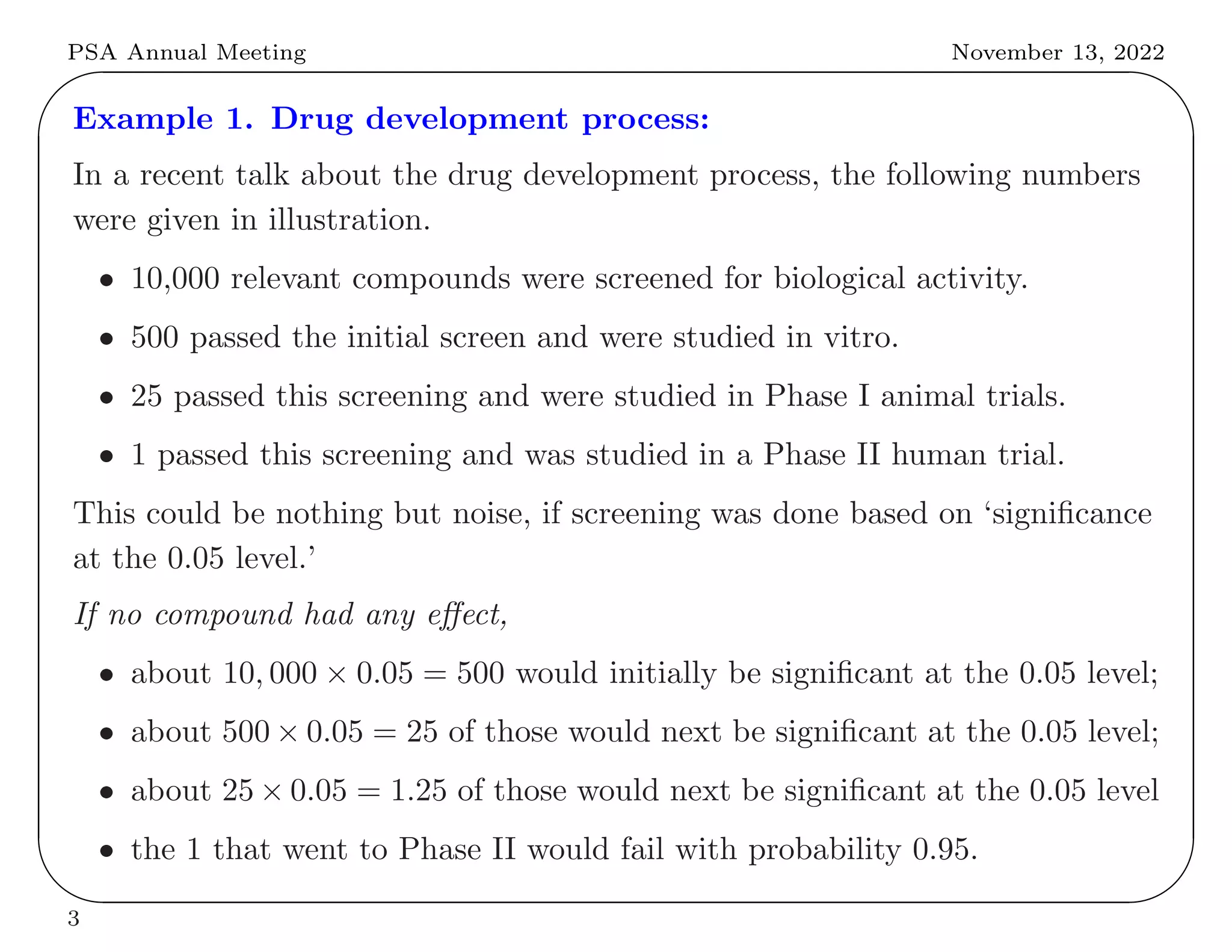 PSA Annual Meeting November 13, 2022
✬
✫
✩
✪
Example 1. Drug development process:
In a recent talk about the drug development process, the following numbers
were given in illustration.
• 10,000 relevant compounds were screened for biological activity.
• 500 passed the initial screen and were studied in vitro.
• 25 passed this screening and were studied in Phase I animal trials.
• 1 passed this screening and was studied in a Phase II human trial.
This could be nothing but noise, if screening was done based on ‘significance
at the 0.05 level.’
If no compound had any effect,
• about 10, 000 × 0.05 = 500 would initially be significant at the 0.05 level;
• about 500 × 0.05 = 25 of those would next be significant at the 0.05 level;
• about 25 × 0.05 = 1.25 of those would next be significant at the 0.05 level
• the 1 that went to Phase II would fail with probability 0.95.
3
 
