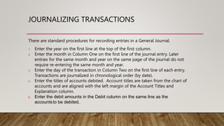 JOURNALIZING TRANSACTIONS
There are standard procedures for recording entries in a General Journal.
1. Enter the year on t...