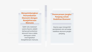 Menyeimbangkan
Pertumbuhan
Ekonomi dengan
Kesejahteraan
Manusia
Salah satu wawasan
utama Keynes adalah
bahwa pertumbuhan
ekonomi harus selalu
bertujuan untuk
meningkatkan
kesejahteraan manusia.
Perencanaan Jangka
Panjang untuk
Stabilitas Ekonomi
Keynes juga mengambil
pendekatan etis terhadap
stabilitas ekonomi jangka
panjang.
 