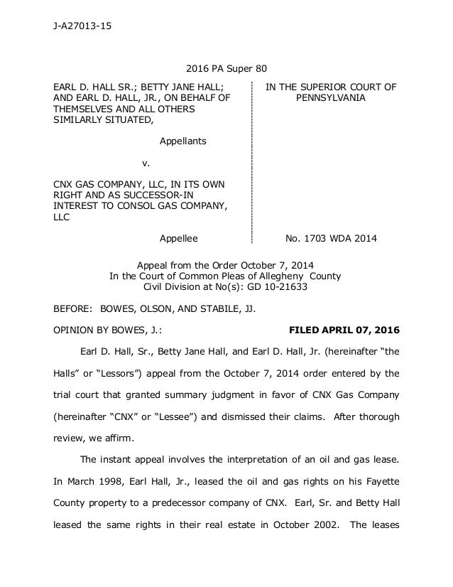Pa Superior Court Decision In Hall V Cnx Gas Co Llc