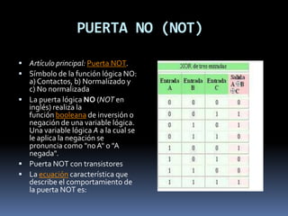 PUERTA NO (NOT)
 Artículo principal: Puerta NOT.
 Símbolo de la función lógica NO:
a)Contactos, b) Normalizado y
c) No normalizada
 La puerta lógica NO (NOT en
inglés) realiza la
función booleana de inversión o
negación de una variable lógica.
Una variable lógica A a la cual se
le aplica la negación se
pronuncia como "noA" o "A
negada".
 Puerta NOT con transistores
 La ecuación característica que
describe el comportamiento de
la puerta NOT es:
 