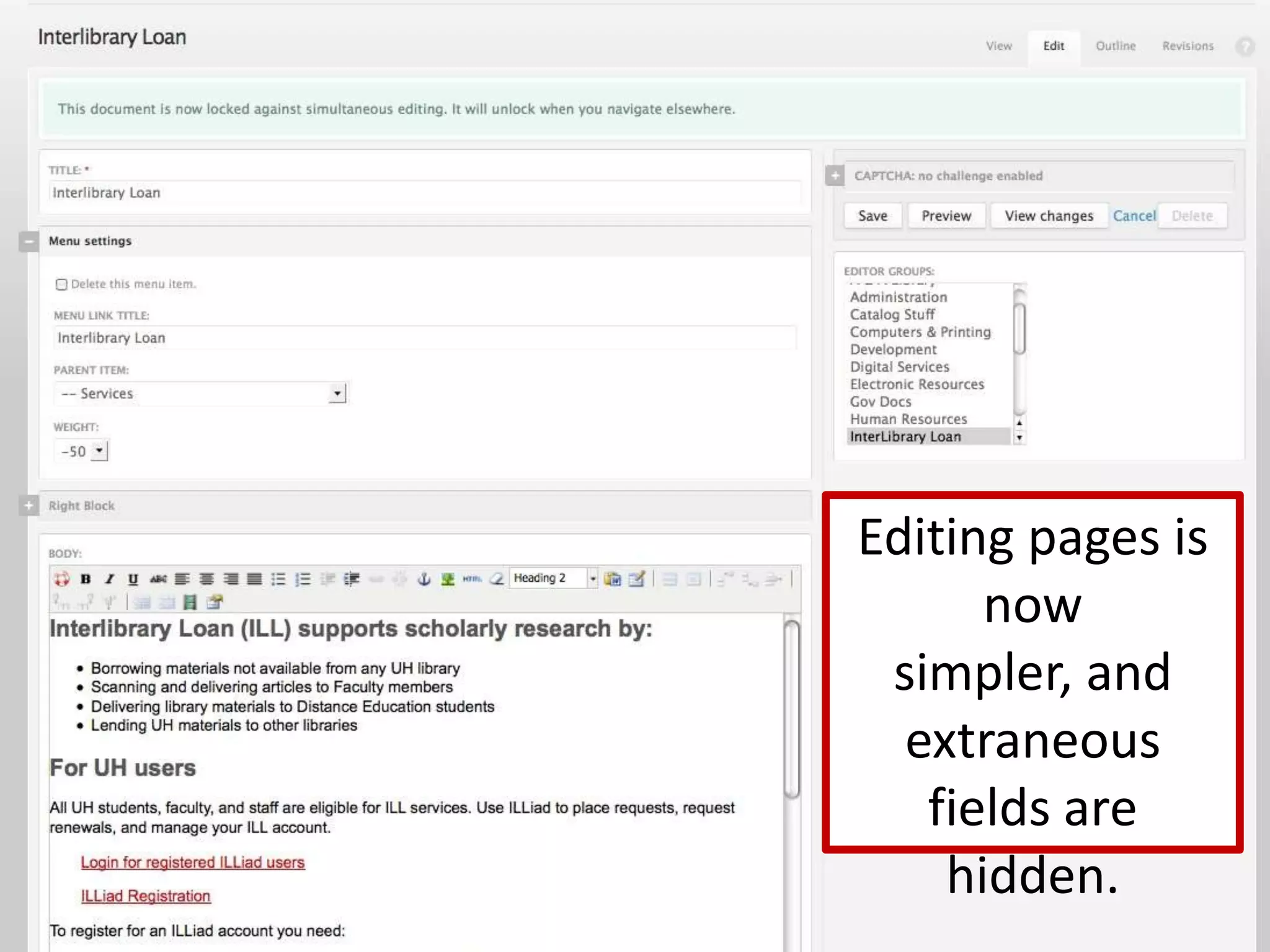 Editing pages is now simpler, and extraneous fields are hidden.
