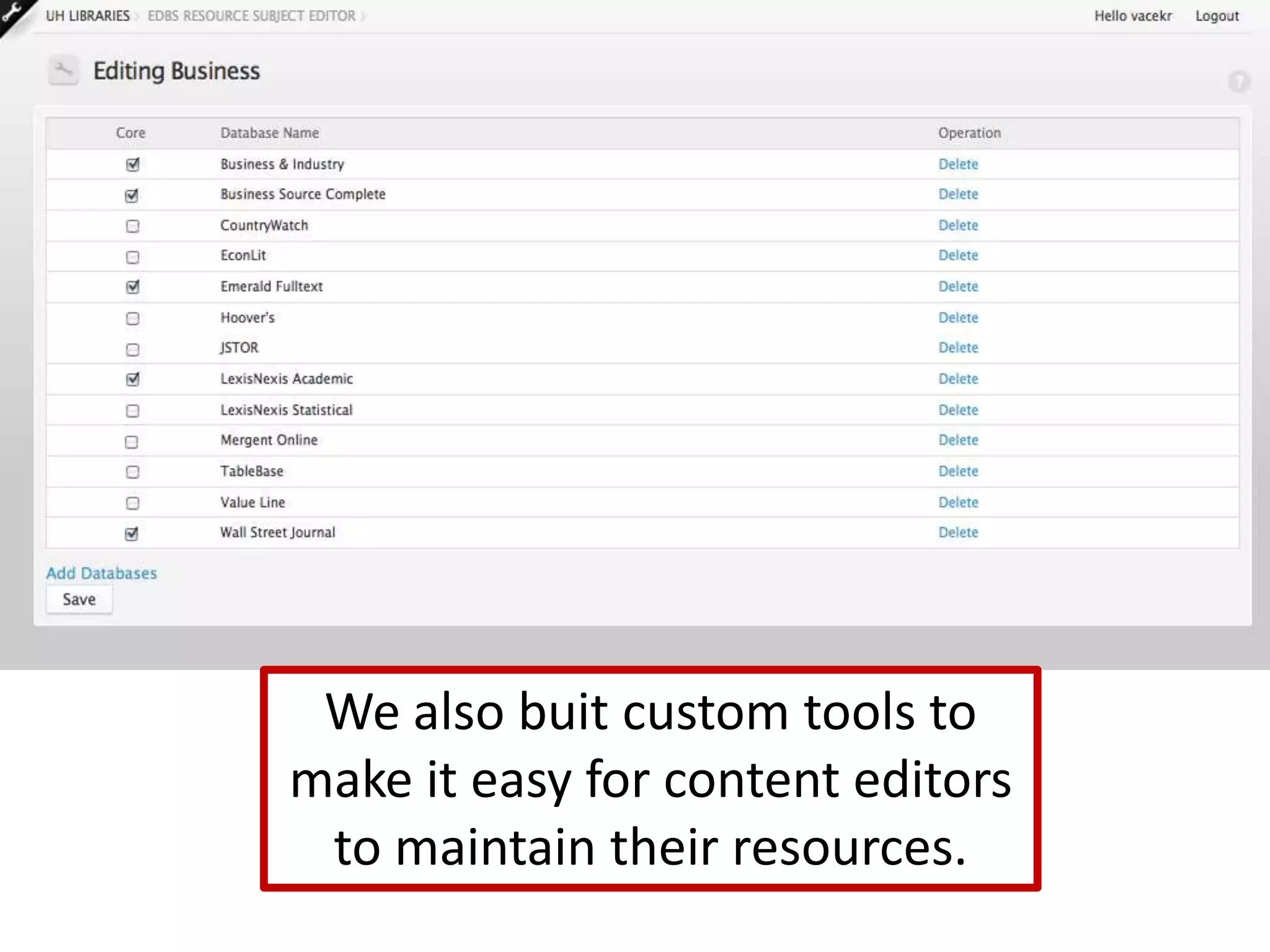 We also buit custom tools to make it easy for content editors to maintain their resources.