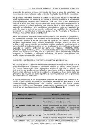 3                      2nd International Workshop | Advances in Cleaner Production

disposição de resíduos tóxicos, minimização de riscos a saúde do trabalhador, ou
mesmo para evitar multas do órgão ambiental fiscalizador de atividades industriais.

As questões ambientais inerentes a gestão das atividades industriais mostram-se
como oportunidades de repensar os valores e práticas produtivas e estabelecer
novos paradigmas da concorrência industrial (SANCHES, 2000, p.87). Ao longo dos
últimos 50 anos, uma série de instrumentos foi sendo desenvolvidos para atender a
maneira como a indústria entendia que deveria tratar o meio ambiente, como
exemplo, a avaliação de risco, a análise da intensidade de material, a avaliação do
ciclo de vida, o sistema de gestão ambiental, os relatórios de comunicação
ambiental, as certificações ambientais, programas de Prevenção à Poluição, a
Produção mais Limpa, a Ecologia Industrial.

Estes instrumentos têm usos diferenciados quanto ao foco de atuação (no produto,
no processo de produção, nas atividades administrativas); quanto a temporalidade
considerada; quanto a escala geográfica de atuação (ou espaço); quanto as
variáveis monitoradas (água, energia, substâncias tóxicas); quanto ao nível de
análise e até mesmo quanto ao propósito (análise, avaliação, monitoramento e
comunicação), entretanto, constituíram um arcabouço ferramental importante para
evolução da tratativa ambiental por parte das indústrias (MOBERG, 1999;
FURTADO, 2005 BARBIERI, 2007). Tais instrumentos serão aqui diferenciados por
terem ação estratégica ou não, isto é se prestam a atuar amplamente de forma
integrada as atividades e operações produtivas, ou apenas pontualmente em
etapas ou procedimentos da empresa.


MOMENTOS HISTÓRICOS: A PESPECTIVA AMBIENTAL NA INDÚSTRIA

Ao longo do século XX são usadas distintas abordagens ambientais para lidar com a
poluição industrial e responder as demandas surgidas do “Nosso Futuro Comum”.
No campo operacional, cada abordagem ambiental acarreta a adoção de
instrumentos de gestão, como avaliações, sistemas de análise e estratégias, que
foram sendo alterados conforme progrediam as discussões, desde como tratar os
problemas da poluição até como equilibrar o sistema produtivo com as premissas
da sustentabilidade ambiental.

A divisão cronológica a ser apresentada baseia-se na proposta de Grajew et al.
(2002, p.380) quanto às diferentes abordagens empresariais em relação a sua
responsabilidade socioambiental pela poluição industrial. Ele ilustra quatro
momentos históricos com frases que representam o posicionamento norteador das
indústrias, um quinto posicionamento é acrescentado (Quadro 1).



       Abordagens Ambientais                               Momento/ Influências

1    “O problema não existe”                  Predominou até o final dos anos 1960.

                                              Principalmente no início dos anos 1970.

     “O problema existe, mas não é            Reação predominante no meio corporativo às
2
     meu”                                     pressões    das  comunidades     e    movimentos
                                              ambientalistas,   normalmente        contra   as
                                              contaminações do ar e cursos d’água.

                                              Final dos anos 70 e início dos anos 1980.
     “O problema    existe     e   eu   sei
3
     resolvê-lo”
                                              Reação às pressões, mas já com soluções, no final

    KEY ELEMENTS FOR A SUSTAINABLE WORLD: ENERGY, WATER AND CLIMATE CHANGE
                         São Paulo – Brazil – May 20th-22nd - 2009
 