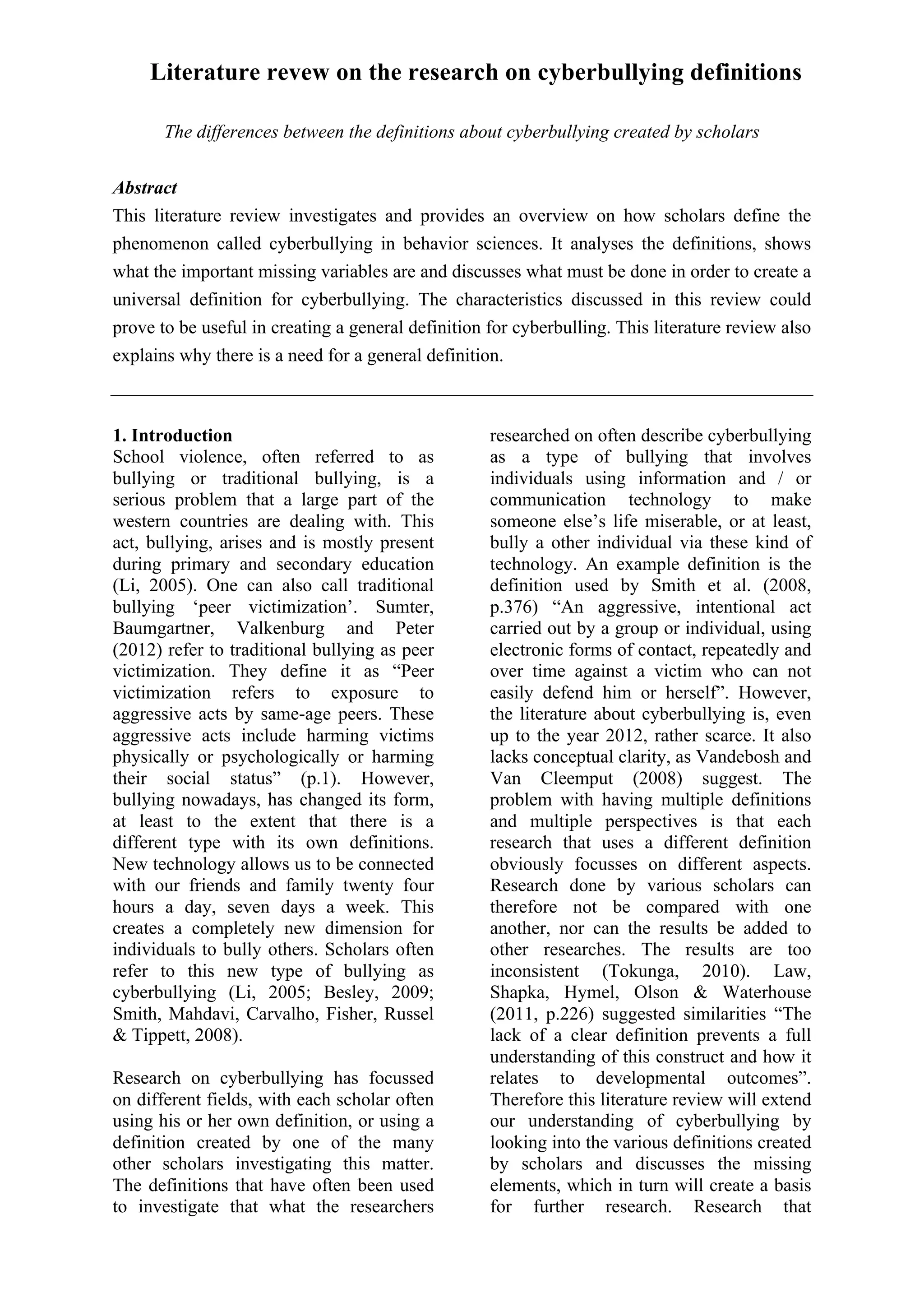 J.c. van leeuwen 2012 - literature review on cyberbullying definitions ...