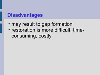 Disadvantages 
may result to gap formation 
 restoration is more difficult, time-consuming, 
costly 
 