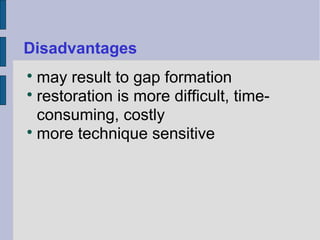 Disadvantages 
may result to gap formation 
 restoration is more difficult, time-consuming, 
costly 
more technique sensitive 
 